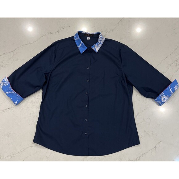 Pearly Vine Shirt Womens XL Navy Button Up 3/4 Sleeve Contrasting Trim Flip Cuff - Picture 1 of 8